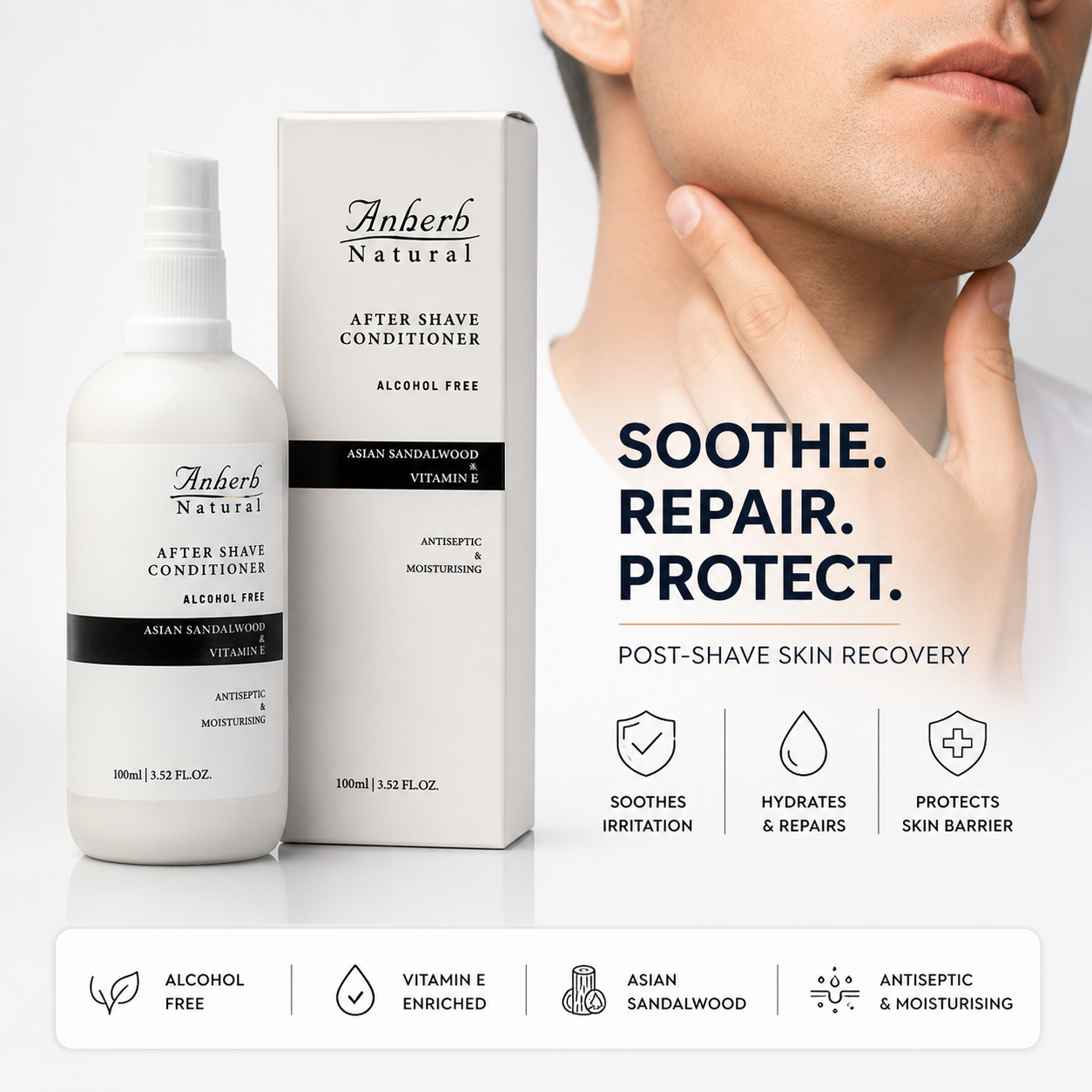 Anherb Natural Premium After Shave Conditioner - 100ml | Asian Sandalwood & Vitamin E Formula | Alcohol-Free, Antiseptic, Anti-Inflammatory