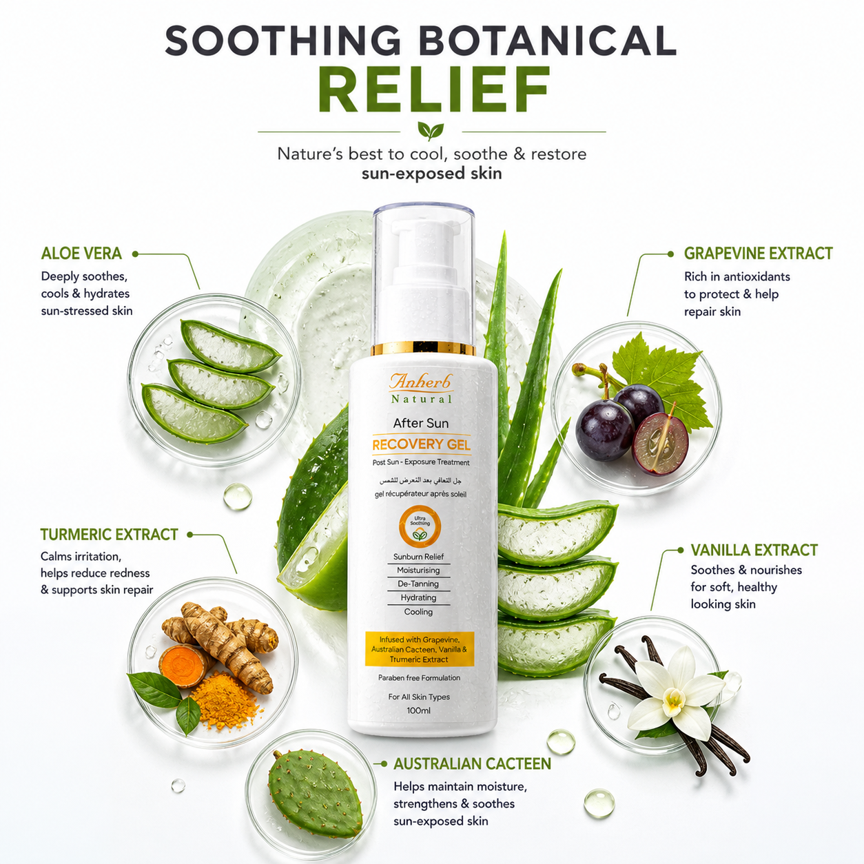 Anherb Natural After Sun Recovery Gel, UV - A & UV - B Protection | Paraben Free Formulation| All Skin Types|100 ml