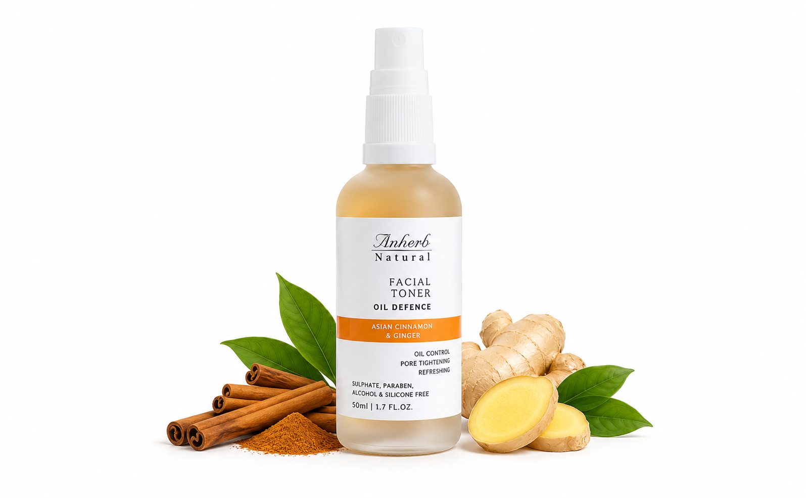 Anherb Natural Oil Defence Facial Gel Toner - 50 ml | Asian Cinnamon & Ginger | Oil Control, Pore Tightening