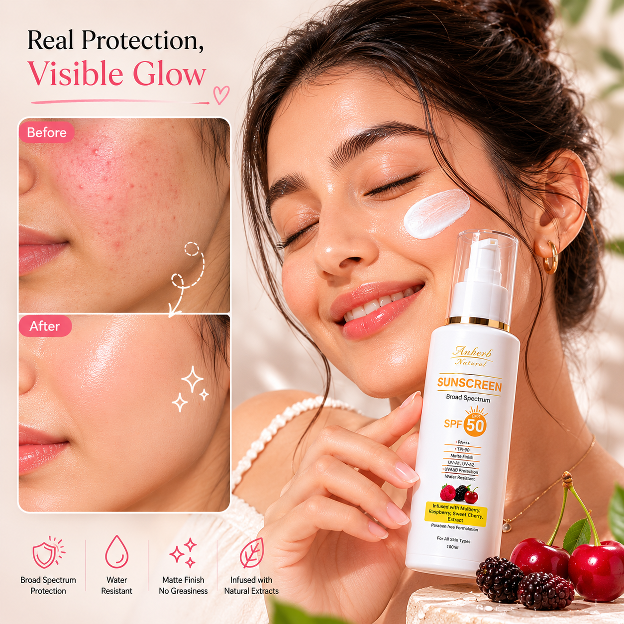Anherb SPF 50 Sunscreen Lotion, UVA & UVB Protection| Broad Spectrum PA+++ Sunscreen | 100ml