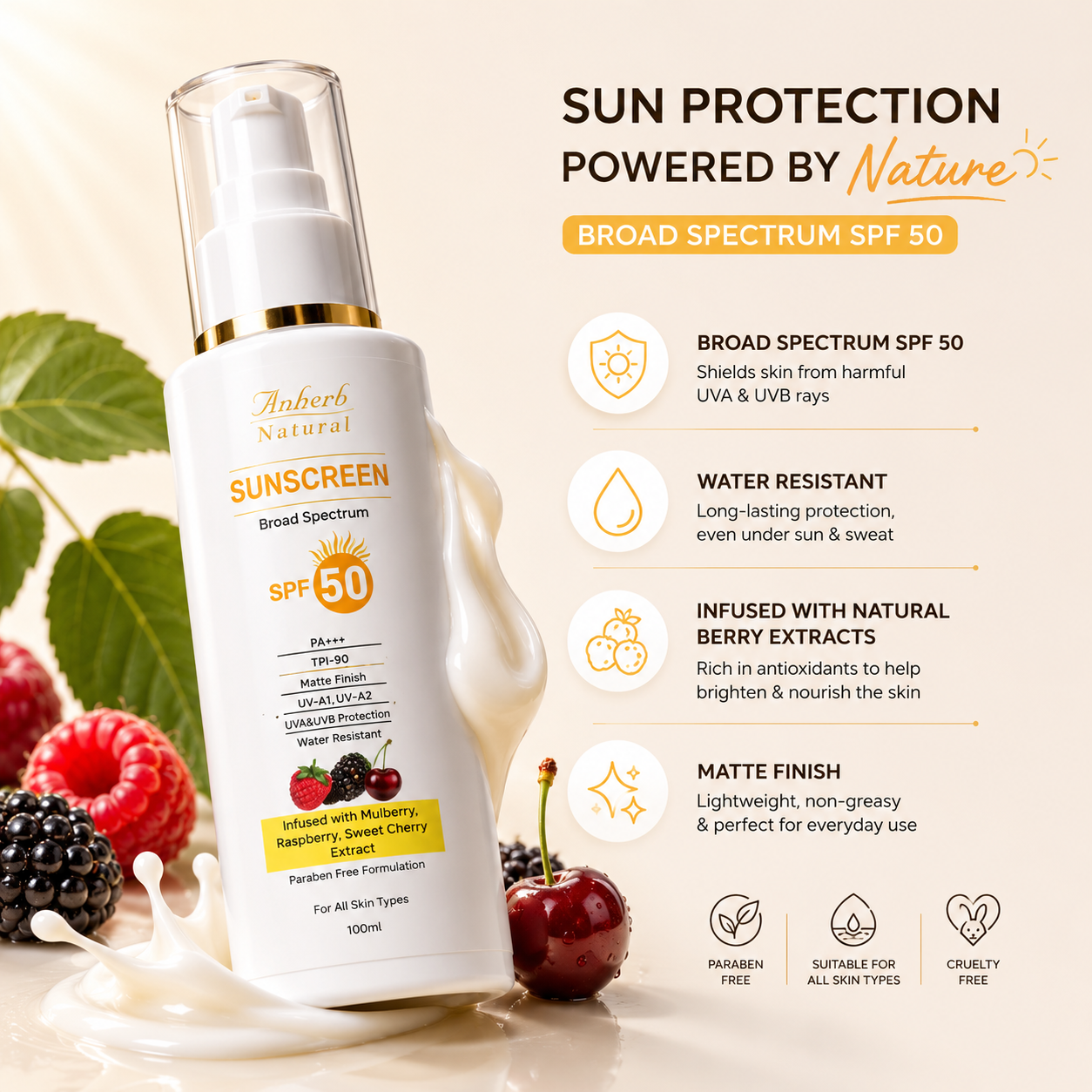 Anherb SPF 50 Sunscreen Lotion, UVA & UVB Protection| Broad Spectrum PA+++ Sunscreen | 100ml