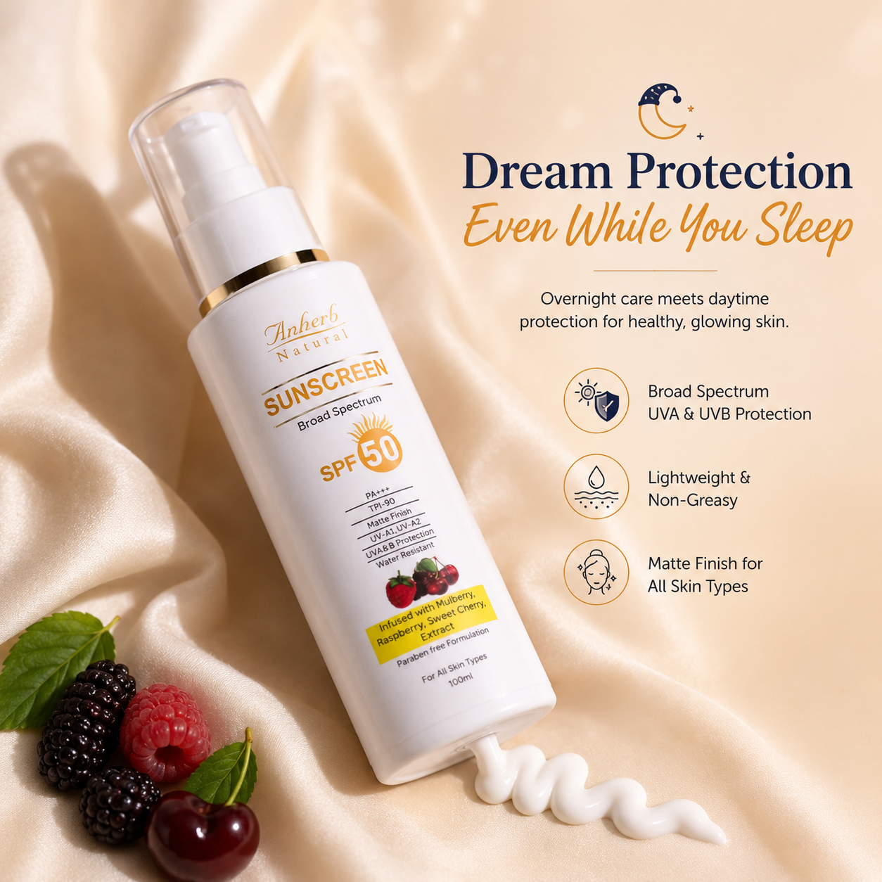 Anherb SPF 50 Sunscreen Lotion, UVA & UVB Protection| Broad Spectrum PA+++ Sunscreen | 100ml
