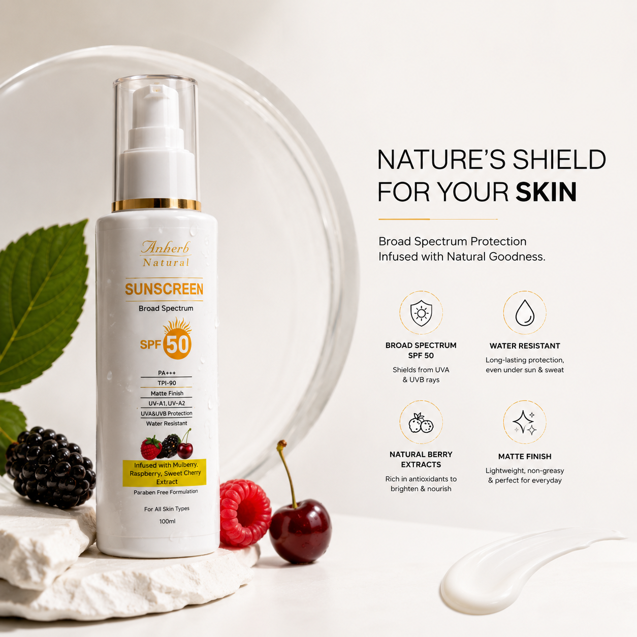 Anherb SPF 50 Sunscreen Lotion, UVA & UVB Protection| Broad Spectrum PA+++ Sunscreen | 100ml