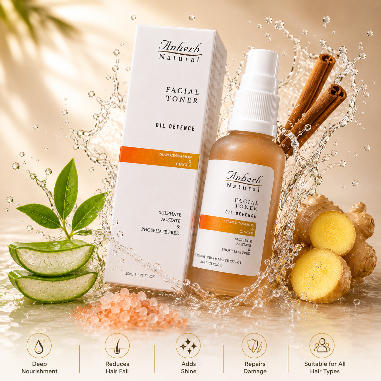 Anherb Natural Oil Defence Facial Gel Toner - 50 ml | Asian Cinnamon & Ginger | Oil Control, Pore Tightening