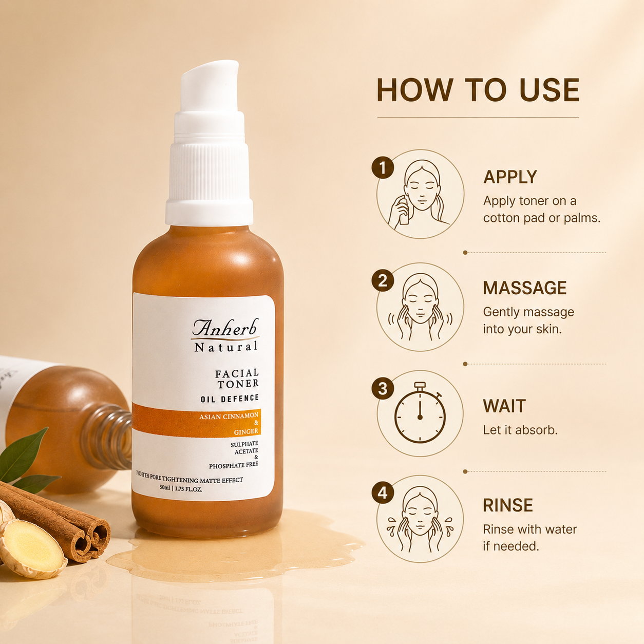 Anherb Natural Oil Defence Facial Gel Toner - 50 ml | Asian Cinnamon & Ginger | Oil Control, Pore Tightening