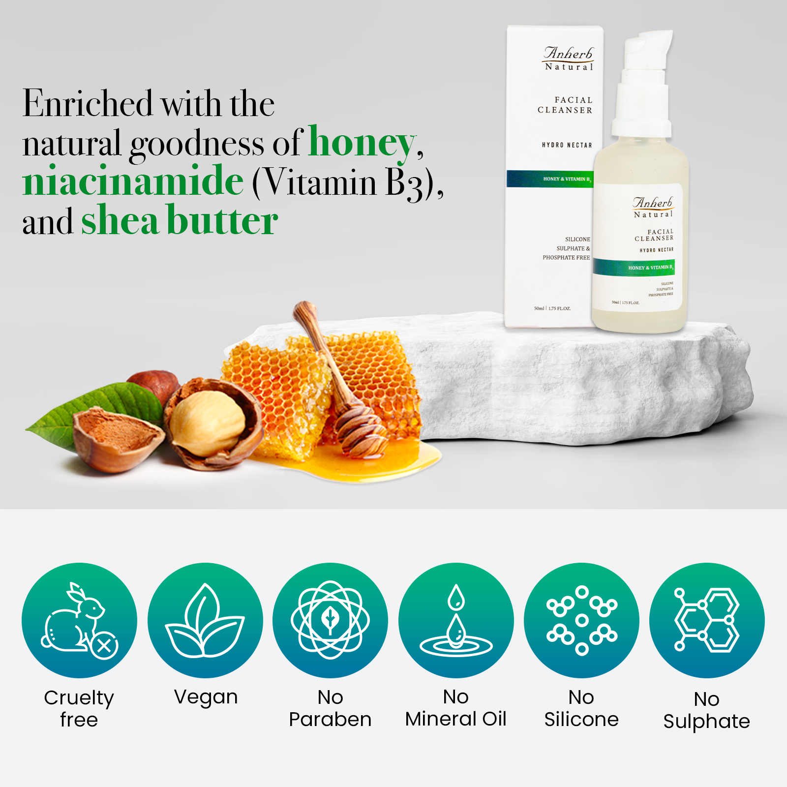 Anherb Natural Hydro Nectar Facial Cleanser | Honey & Vitamin B3 Radiance For Gentle Hydration