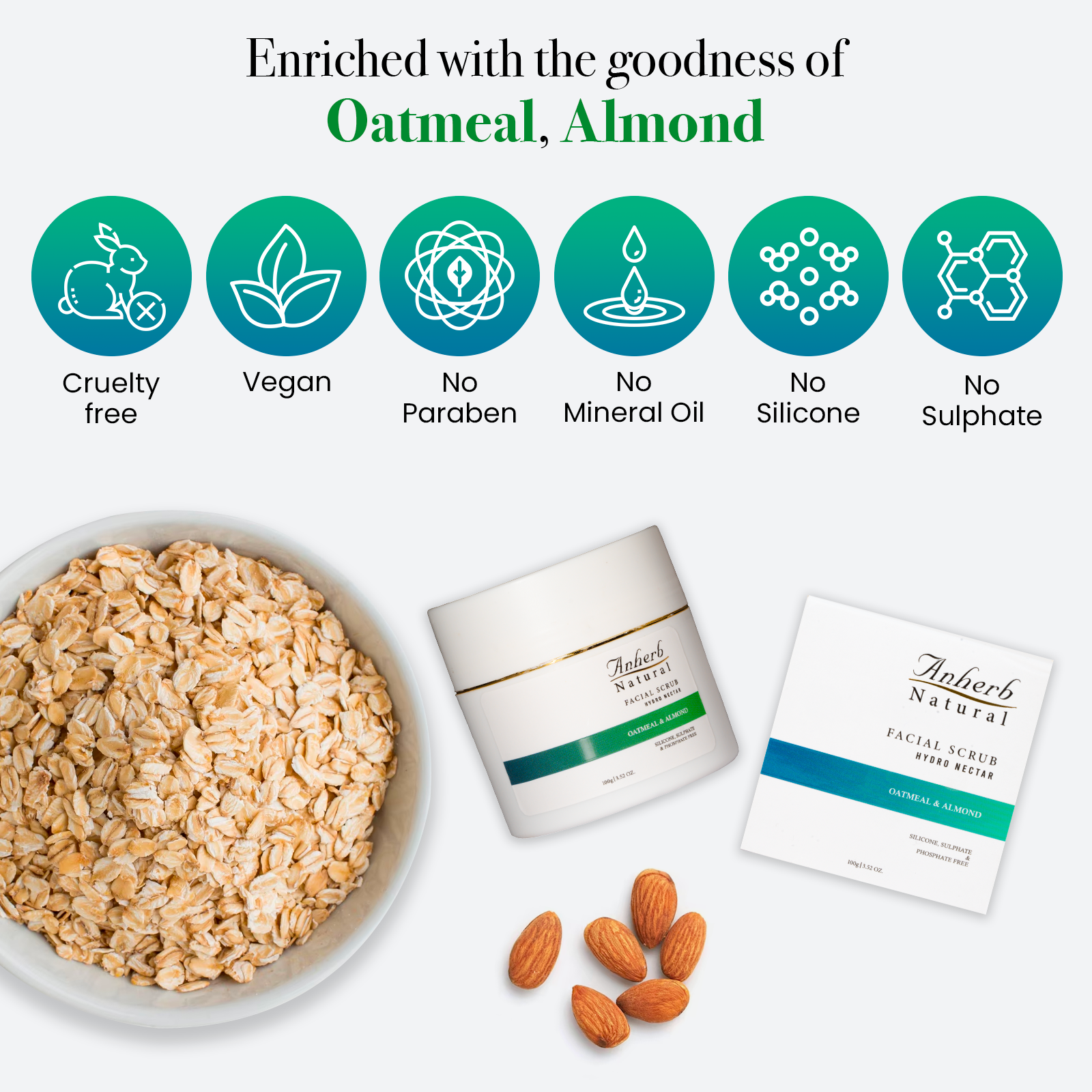 Anherb Natural Hydro Nectar Face Scrub - 100g | Exquisite Oatmeal & Almond Glow | Gentle Exfoliation