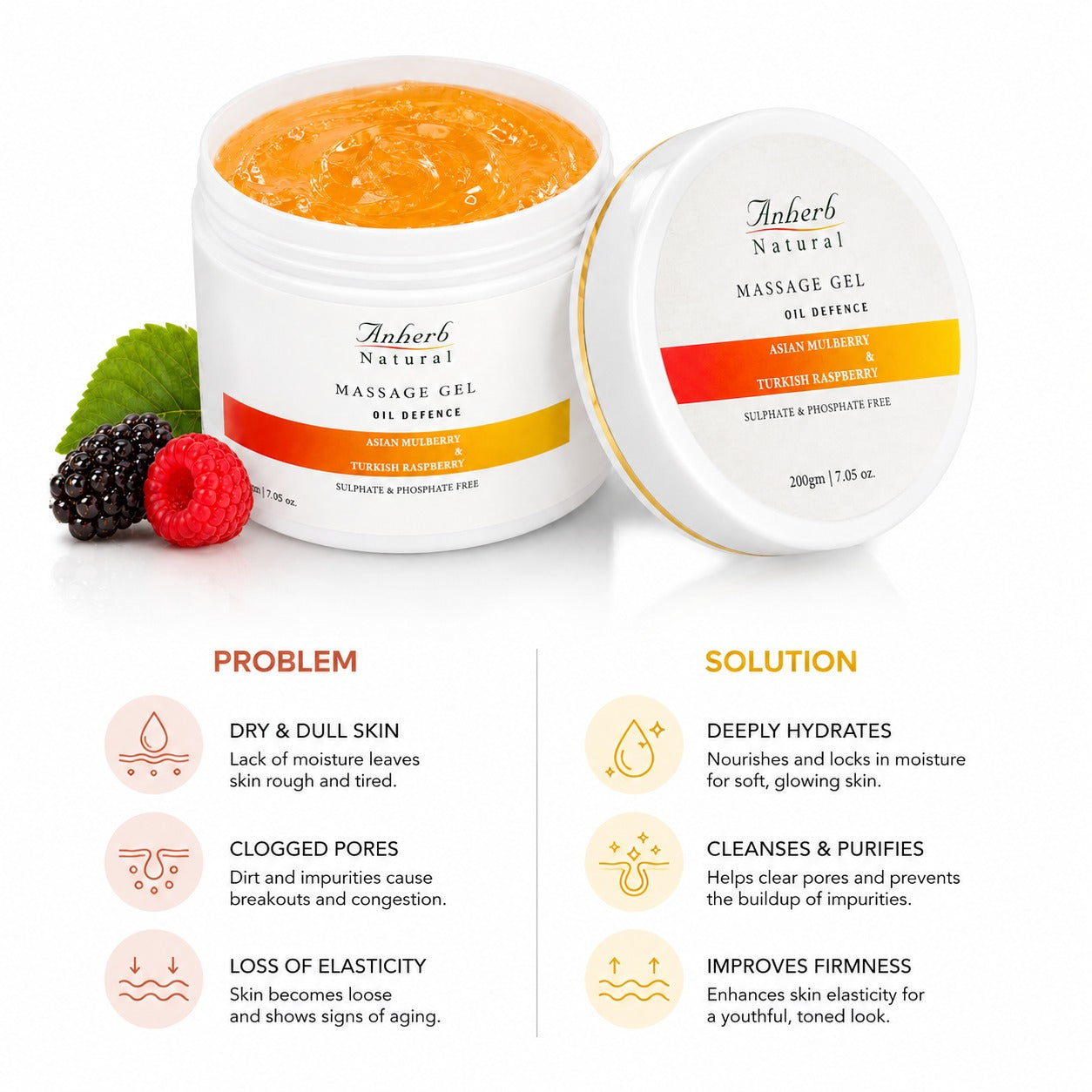 Anherb Oil Defence Massage Gel | Asian Mulberry & Turkish Raspberry| 200g
