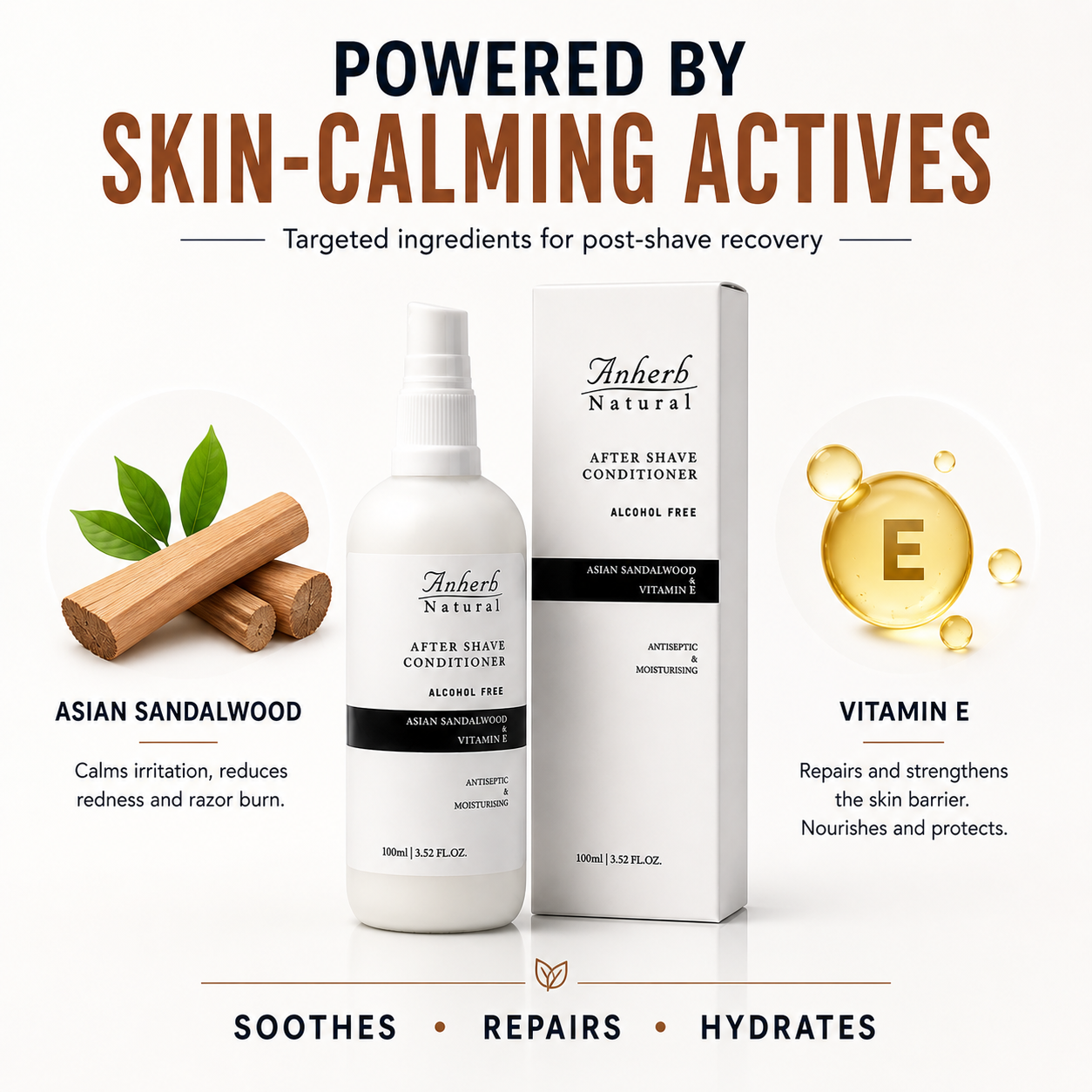 Anherb Natural Premium After Shave Conditioner - 100ml | Asian Sandalwood &amp; Vitamin E Formula | Alcohol-Free, Antiseptic, Anti-Inflammatory