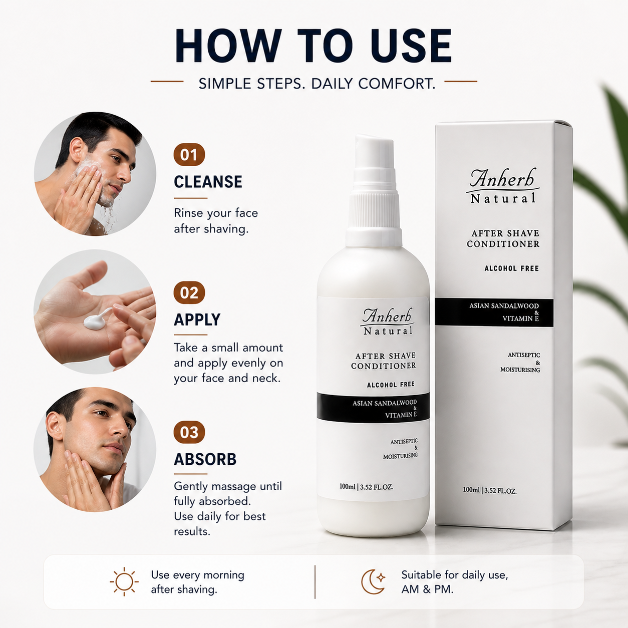 Anherb Natural Premium After Shave Conditioner - 100ml | Asian Sandalwood &amp; Vitamin E Formula | Alcohol-Free, Antiseptic, Anti-Inflammatory