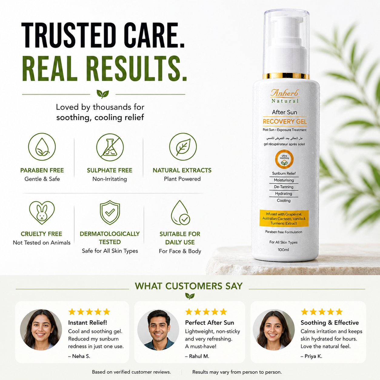 Anherb Natural After Sun Recovery Gel, UV - A &amp; UV - B Protection | Paraben Free Formulation| All Skin Types|100 ml