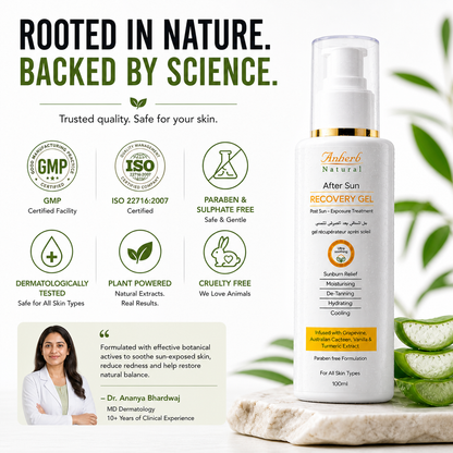 Anherb Natural After Sun Recovery Gel, UV - A &amp; UV - B Protection | Paraben Free Formulation| All Skin Types|100 ml