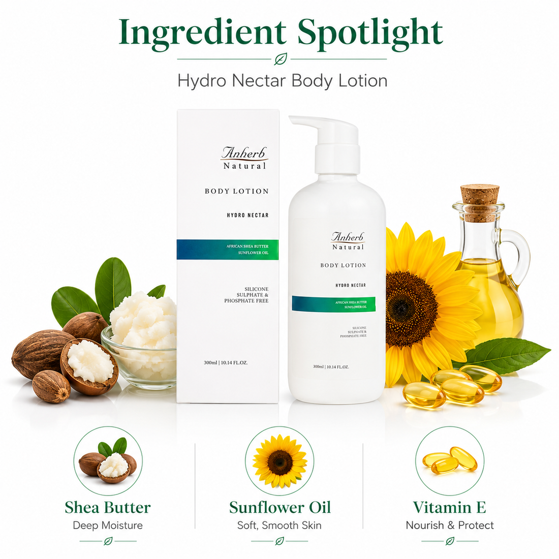 Anherb Hydro Nectar Body Lotion | Deep Hydration Body Moisturizer with Shea Butter &amp; Vitamin E | 300ml