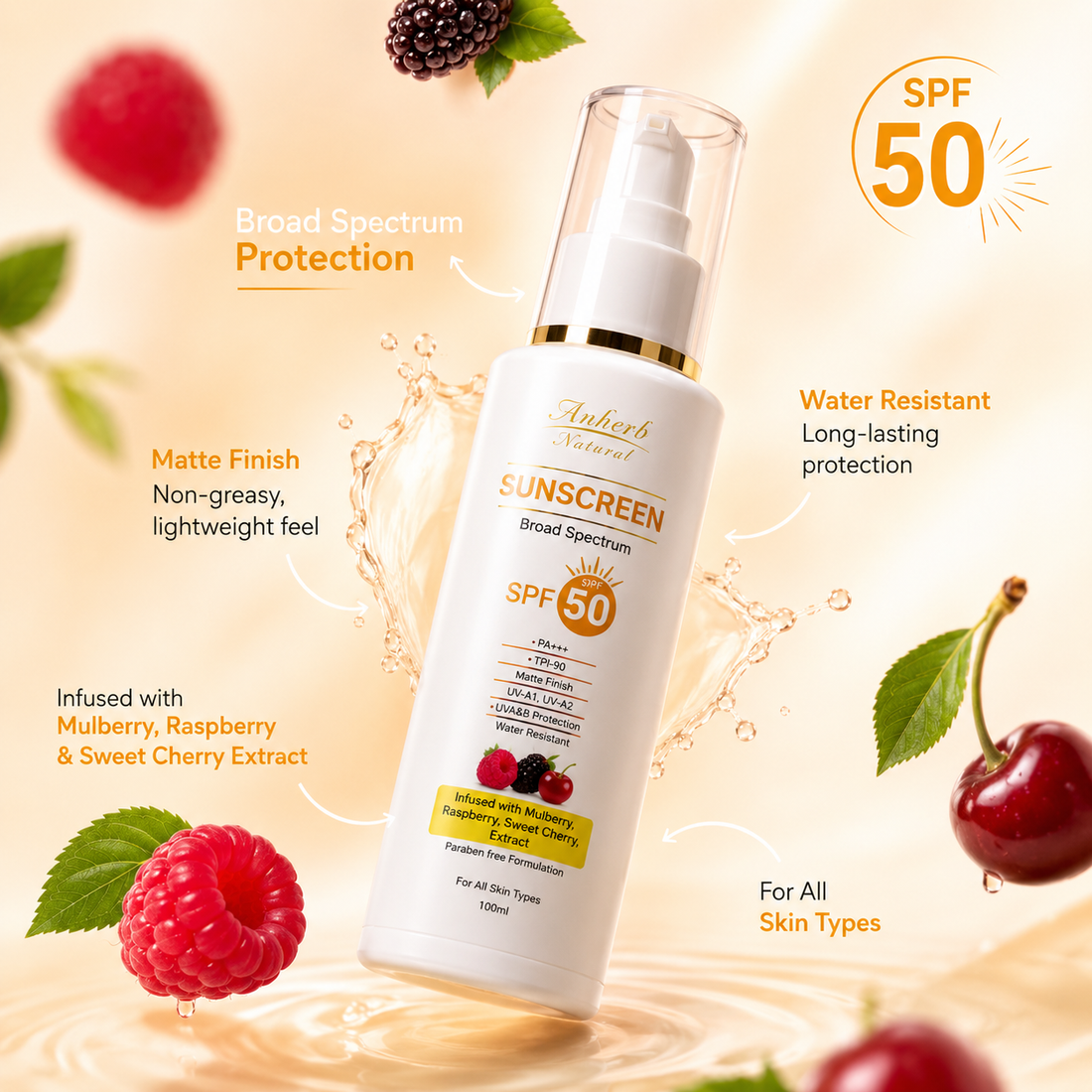Anherb SPF 50 Sunscreen Lotion, UVA &amp; UVB Protection| Broad Spectrum PA+++ Sunscreen | 100ml