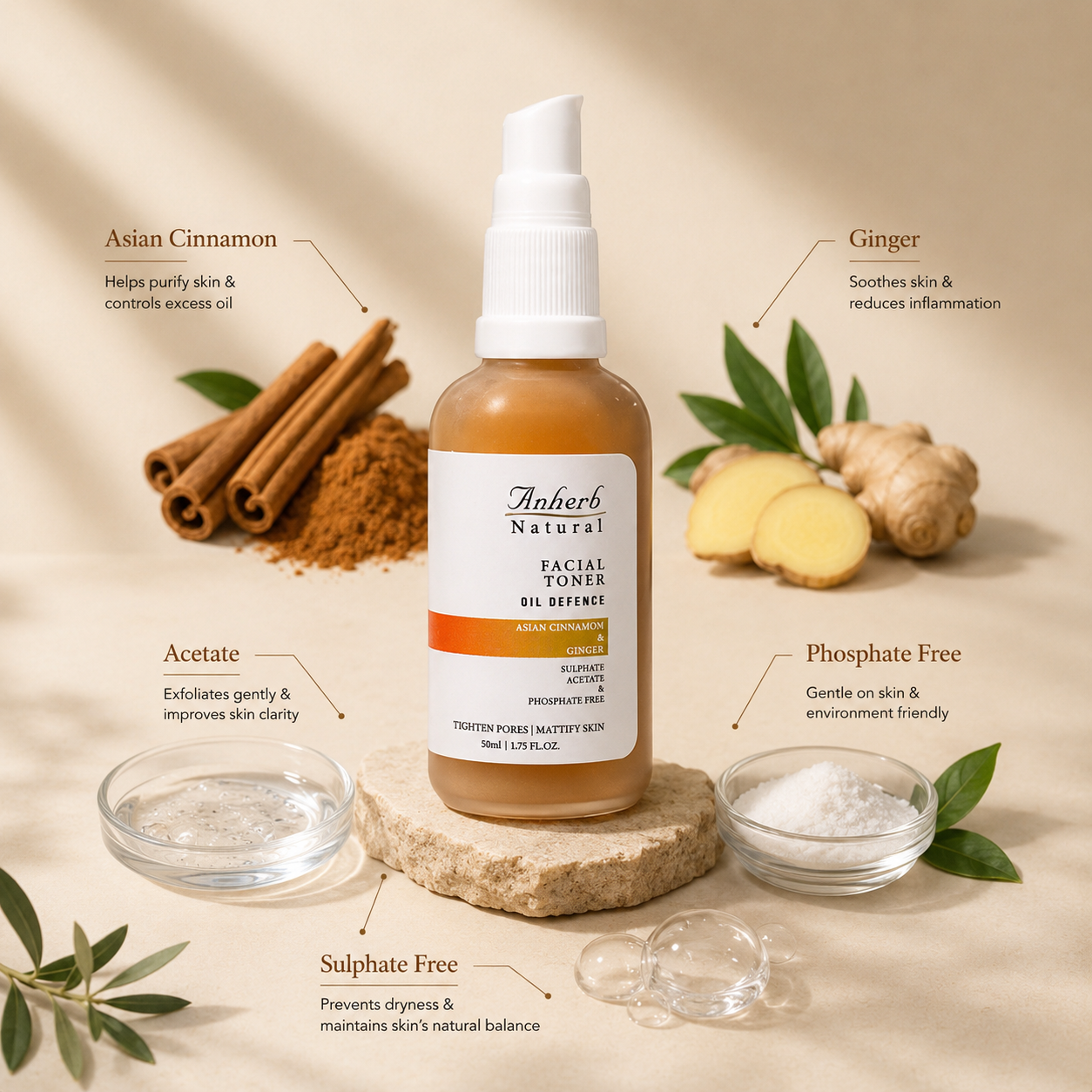 Anherb Natural Oil Defence Facial Gel Toner - 50 ml | Asian Cinnamon &amp; Ginger | Oil Control, Pore Tightening