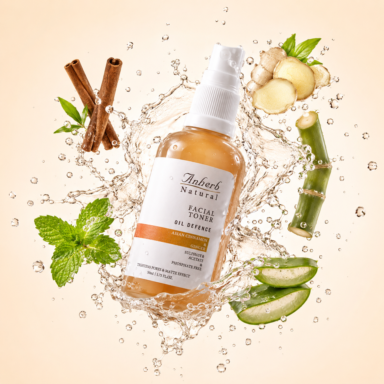 Anherb Natural Oil Defence Facial Gel Toner - 50 ml | Asian Cinnamon &amp; Ginger | Oil Control, Pore Tightening