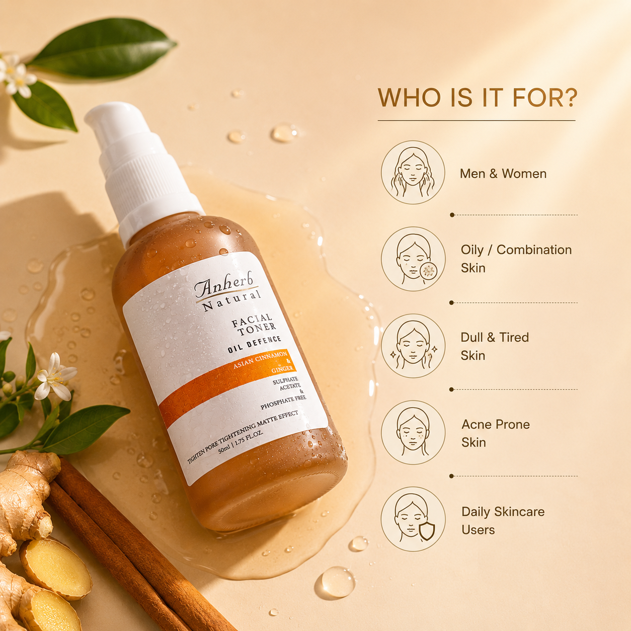 Anherb Natural Oil Defence Facial Gel Toner - 50 ml | Asian Cinnamon &amp; Ginger | Oil Control, Pore Tightening