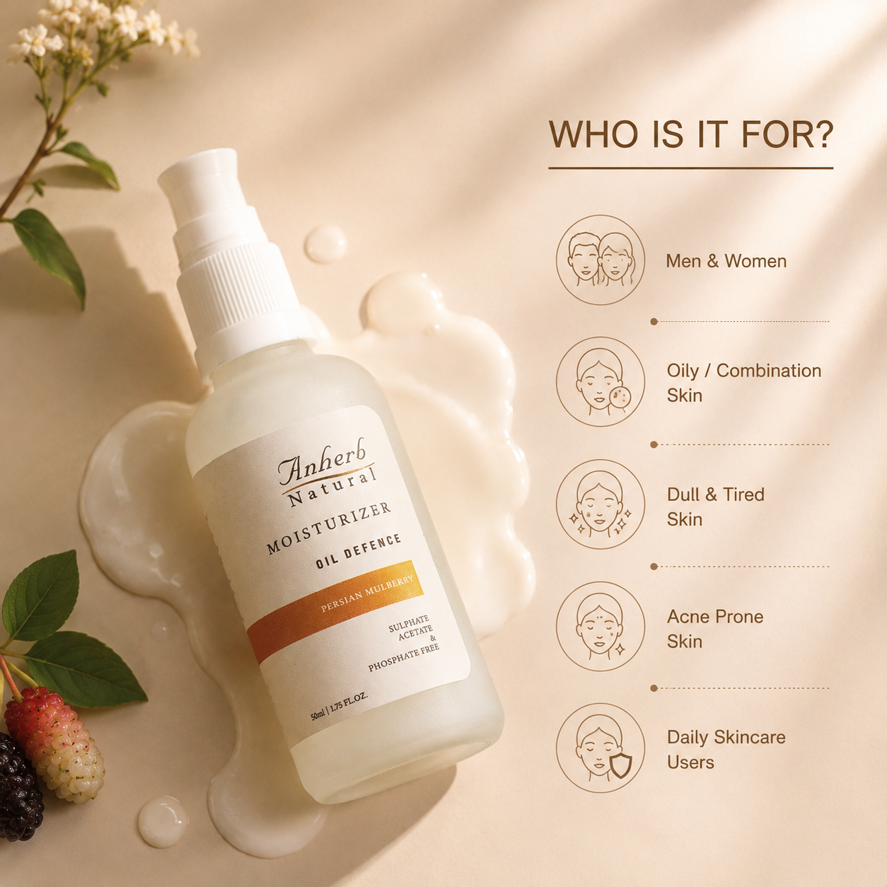 Anherb Natural SilkBlend Oil-Free Moisturizer | 50 ml | Persian Mulberry - Lightweight Hydration