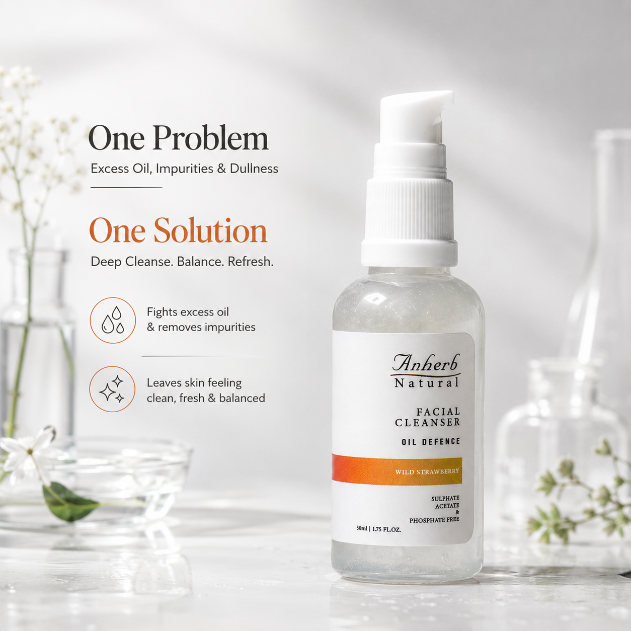 Anherb Natural Oil Defence | Gel Based Facial Cleanser - 50 ml | Wild Strawberry&