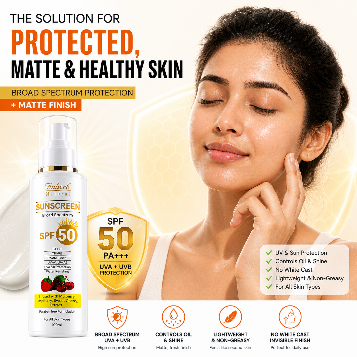 Anherb SPF 50 Sunscreen Lotion, UVA &amp; UVB Protection| Broad Spectrum PA+++ Sunscreen | 100ml