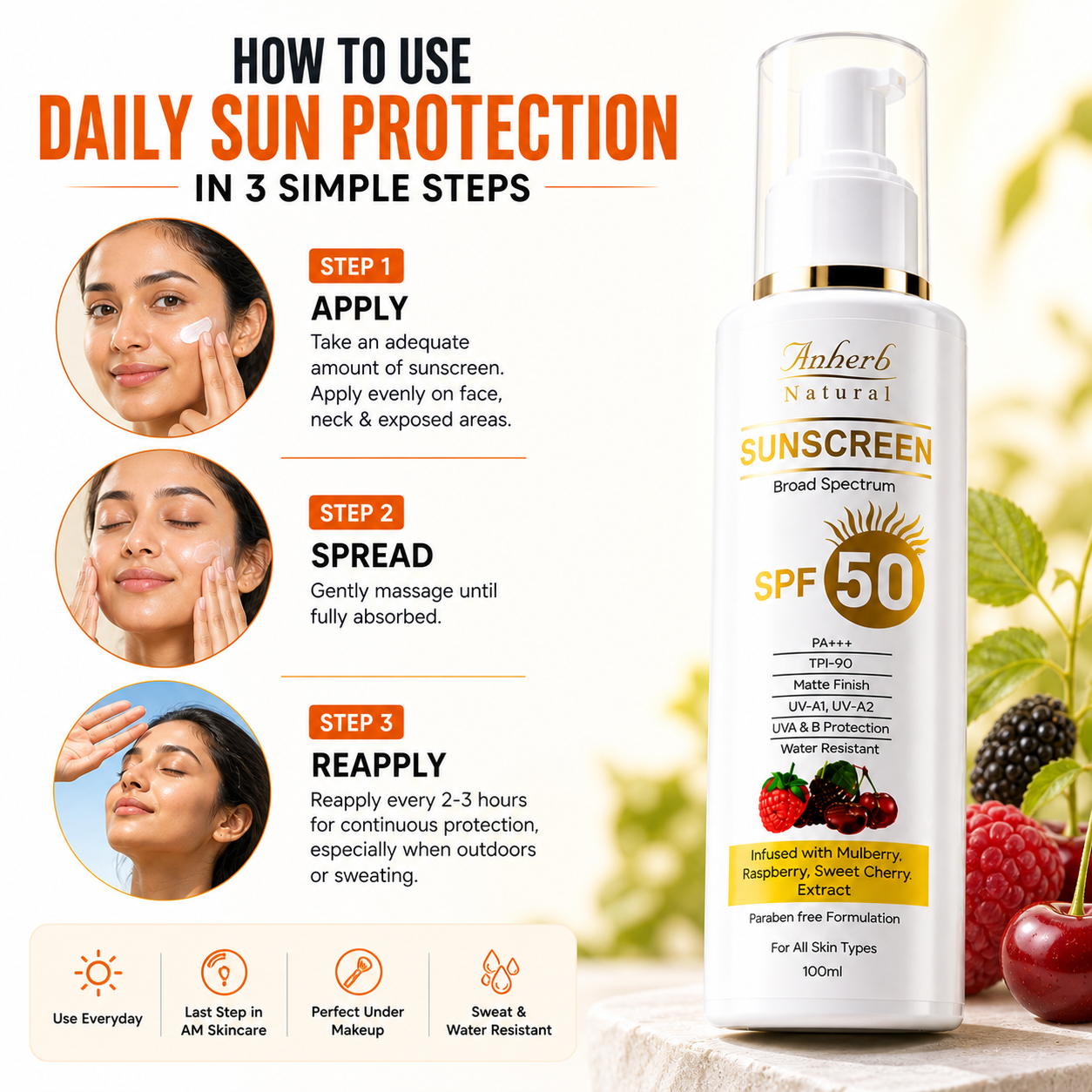 Anherb SPF 50 Sunscreen Lotion, UVA &amp; UVB Protection| Broad Spectrum PA+++ Sunscreen | 100ml