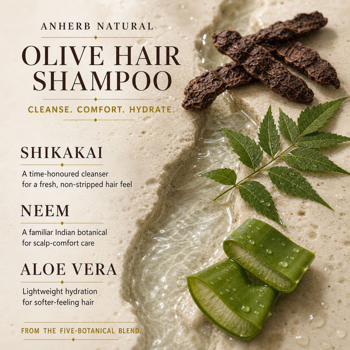 Shikakai, neem and aloe vera in Anherb Natural Olive Hair Shampoo
